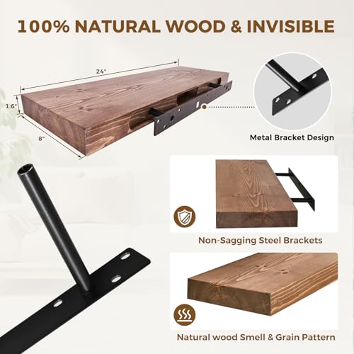 Solid Wood Floating Shelves, 24 Inch Wall Shelves, Set of 2, Brown | 8 Inch Deep, 1.6 Inch Thick, Extra-Wide Display Space, Mounting Hardware Included, For Kitchen, Bathroom and Living Room - color: Brown, size: 24x8x1.6