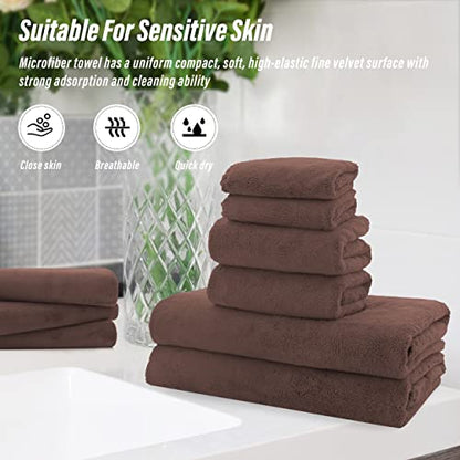 MOONQUEEN Ultra Soft Microfiber Coral Velvet Towel Set - Quick Drying, 2 Bath Towels, 2 Hand Towels, 2 Washcloths - Wood Brown, 6 Pcs - color: Wood Brown