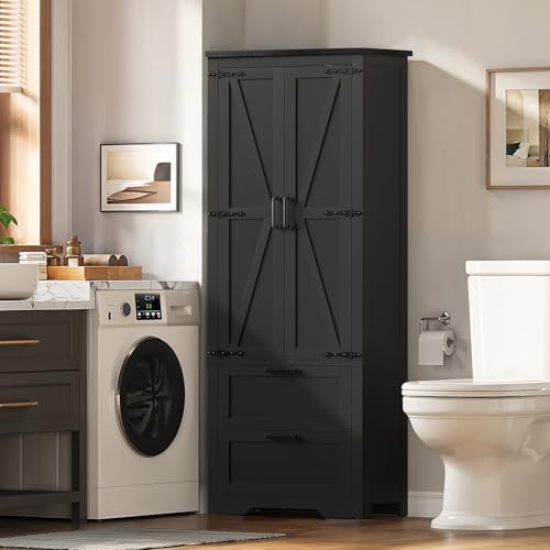 66.1" H Storage Cabinet, Farmhouse Kitchen Pantry Cabinet with 2 Drawers & Adjustable Shelf, Bathroom Cabinet, for Living Room, Kitchen, Bathroom, Black - color: Black