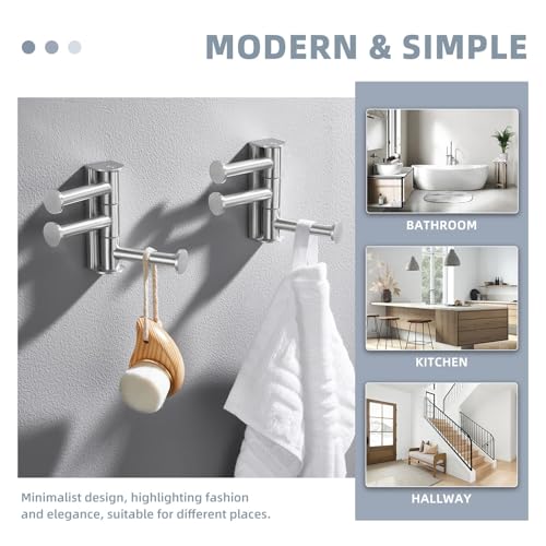 Suyar Bathroom Towel Hook with 3 Arms, Swivel Robe Holder, Brushed Nickel | 2 Pack, SUS304 Stainless Steel, Wall Mounted - color: Brushed Nickel, size: 2 Pack
