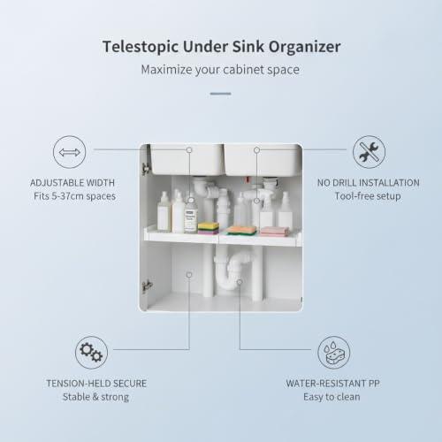Adjustable Telescopic Tension Shelf for Under Sink Storage, No-Drill PP Plastic Cabinet Organizer Rack, White (1 Pack) - size: 3.94 x 1.97 x 1.97 in