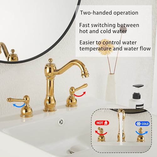 2 Handles 3 Holes Faucet Widespread Bathroom Sink Faucet Basin Tap Mixer Supply Hose Included Matching Pop Up Drain Polished Gold - color: Polished Gold, size: Widespread