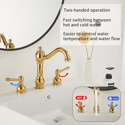 2 Handles 3 Holes Faucet Widespread Bathroom Sink Faucet Basin Tap Mixer Supply Hose Included Matching Pop Up Drain Polished Gold - color: Polished Gold, size: Widespread