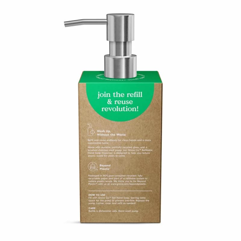 Grove Co. Glass Hand Soap Dispenser with Stainless Steel Pump, 12oz | Glass bottle; Stainless-steel pump; Reusable; Pair with Grove Co. Hand Soap; No Plastic Waste - size: 13.5 Ounce (Pack of 1)