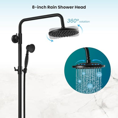 gotonovo Exposed Shower Faucet with Spout Matte Black,Straight Pipe | Brass Bathroom Exposed Shower System,8’’ Rain Head,Swivel Tub Spout 2 Cross Handle,Adjustable Handheld Sprayer,Wall Mount - color: Black