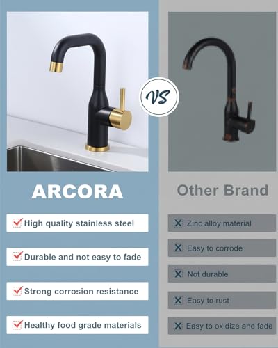Bar Sink Faucet Single Hole: ARCORA Black and Gold Wet Bar Faucets - Prep Sink Faucet 360 Swivel - Small Kitchen Bathroom Faucet with cUPC Supply Lines - color: Black and Gold