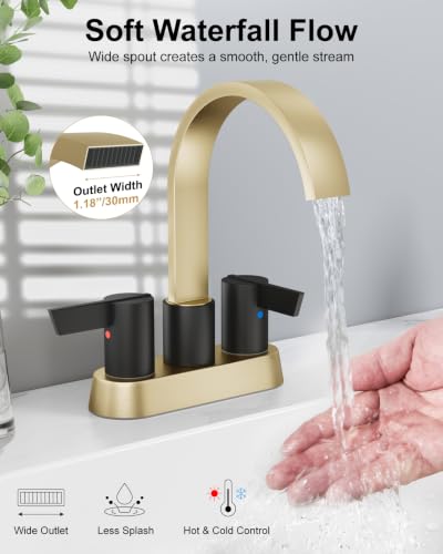 Gold and Black Bathroom Faucet,4 Inch Centerset 2-Handle Waterfall | Includes Pop-Up Drain,24-Inch Supply Lines,Mounting Hardware,SUS304 Stainless Steel Construction,And A 360° Swivel Spout - color: Gold and Black