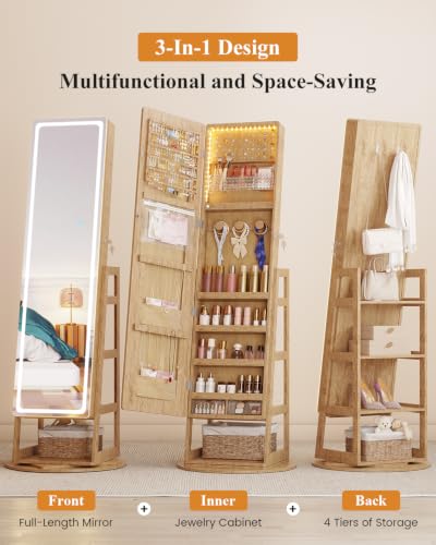 Standing Jewelry Cabinet Mirror with Adjustable LED Light Wood | 63" Lockable Jewelry Armoire Organizer with 4 Rear Shelves & Hooks, 360° Swivel, for Bedroom, Living Room, Women Girls Gift - color: Wood 1