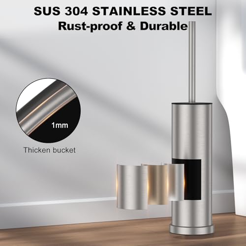 Stain Nickel Toilet Brush and Holder Set，Stainless Steel Heavy Duty Toilet Bowl Brush，Extra Long Handled Modern Toilet Cleaner Brush with Replaceable Head, Removable Inner Bowl, and Splash Protection - color: Stain Nickel, size: 1 Pack