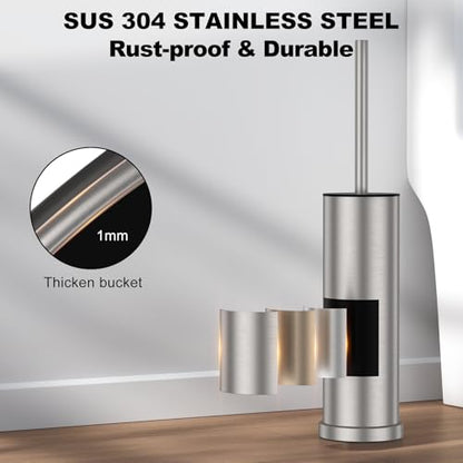 Stain Nickel Toilet Brush and Holder Set，Stainless Steel Heavy Duty Toilet Bowl Brush，Extra Long Handled Modern Toilet Cleaner Brush with Replaceable Head, Removable Inner Bowl, and Splash Protection - color: Stain Nickel, size: 1 Pack