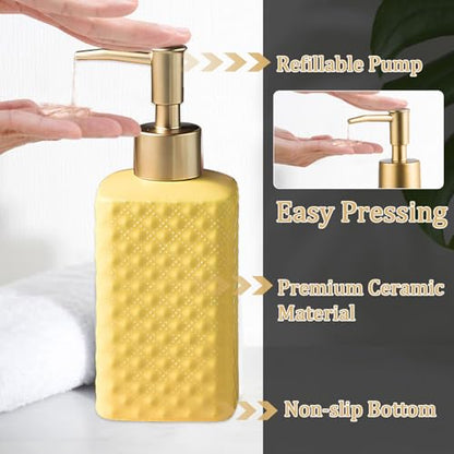 Bathroom Accessories Set Ceramic Soap Dispenser Toothbrush Holder Bathroom Tumbler Soap Dish Bathroom Decor Vibrant Modern Bathroom Set (Yellow 4-Piece Suit) | Includes Soap Dispenser, Toothbrush Holder, Tumbler and Soap Dish, Vibrant Modern Design, for K