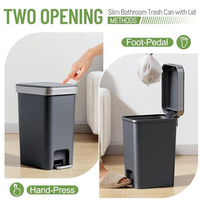 2 Pack Bathroom Trash Can with Lid 2.6 Gallon,Small Step Trash Can | Plastic Garbage Can with Press Top Bin & Foot Pedal Trash Bin, Mini Waste Basket for Bedroom,Home Offices,Dorm,RV(Black Gray) - color: Dark Gray-2 Pack
