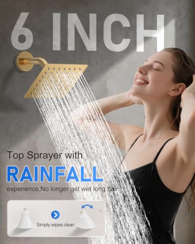 Woindo 4 Function Shower Faucet Set 12" Rain Shower Head/6'' Side Shower Head and 3 Setting Handheld Ceiling Mount Push Button Diverter Complete Rainfall Round Shower System Included Valve Trim Kit - color: Brushed Gold, style: 4-Function-Ceiling