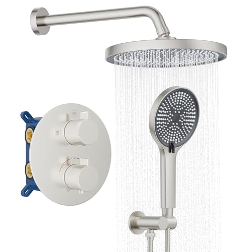 KOJOX Thermostatic Shower System 10-Inch Rainfall Shower Head - 3 Setting Handheld Sprayer, Complete Bathroom Set with Faucet Mixer Trim Kit & Valve Brushed Nickel, KJT1005N