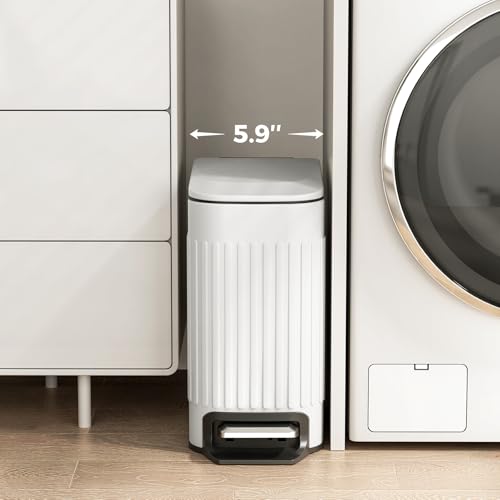 TrashAid Slim Bathroom Trash Can with Lid Soft Close & Pedal, 1.6Gal, White | Removable Inner Bucket, Stainless Steel Garbage Can, Small Wastebasket for Toilet/Office/Bedroom, Retro Design, Odor Control - color: White