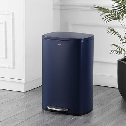 happimess Connor 2-Piece Iron Trash Can, Denim Blue | 13.2 And 1.3 Gallons, Rectangular, Soft-Close Lid, Step Pedal, 20 Liners, 26" And 12" Height - color: Denim Blue
