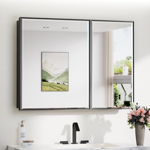 TokeShimi 40x30 Beveled Mirror with Storage Bathroom, Black Recessed Medicine Cabinet with Mirror Aluminum, Wall Mount Metal Recessed Medicine Cabinets for Bathroom - color: Black, size: 40x30 IN