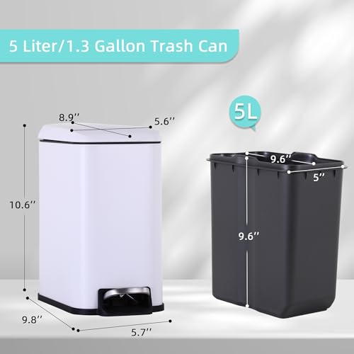 Small Bathroom Trash Can with Lid, 5 Liter/1.3 Gallon Stainless Steel Small Garbage Can with Removable Inner Bucket & Soft-Close Foot Pedal, Slim Trash Can for Bathroom, Bedroom, Office (White) - color: White, size: 1 Pack