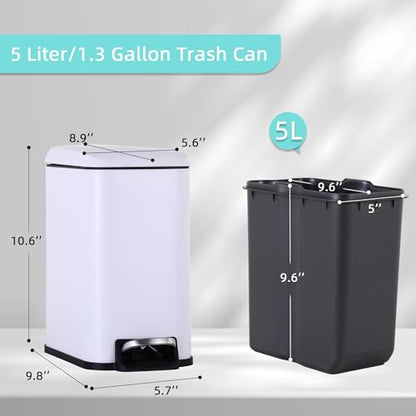 Small Bathroom Trash Can with Lid, 5 Liter/1.3 Gallon Stainless Steel Small Garbage Can with Removable Inner Bucket & Soft-Close Foot Pedal, Slim Trash Can for Bathroom, Bedroom, Office (White, 2 PCS) - color: White, size: 2 Pack