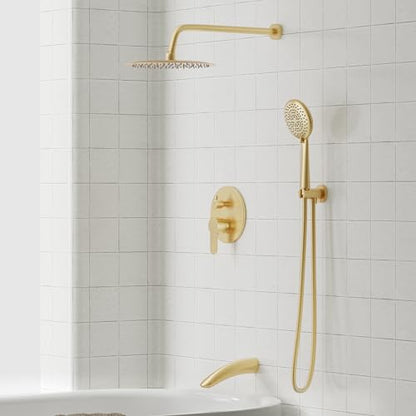 Gabrylly Shower System with Tub Spout, Bathtub Shower Faucet Set with 10" Rain Shower head and 5-Setting Handheld Shower, Wall Mounted Shower Fixtures with Pressure Balance Shower Valve, Brushed Gold - color: Brushed Gold, style: 10 Inches-With Tub Spout