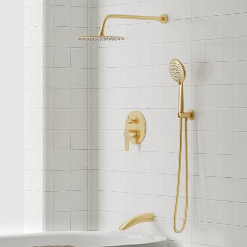Gabrylly Shower System with Tub Spout, Bathtub Shower Faucet Set with 12" Rain Shower head and 5-Setting Handheld Shower, Wall Mounted Shower Fixtures with Pressure Balance Shower Valve, Brushed Gold - color: Brushed Gold, style: 12 Inches-With Tub Spout