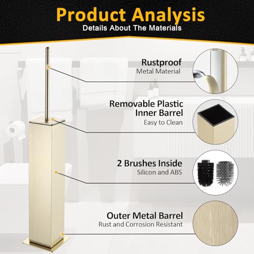 Toilet Brush and Holder Floor Standing, Brushed Gold with 2 Replaceable Heads, Bathroom Toilet Brush, Freestanding Toilet Bowl Brush with Removable Liner and Splash Guard - color: Brushed Gold-standing