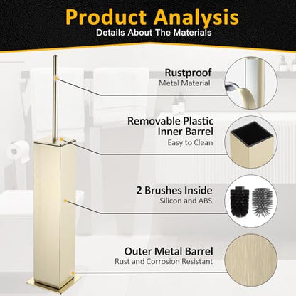 Toilet Brush and Holder Floor Standing, Brushed Gold with 2 Replaceable Heads, Bathroom Toilet Brush, Freestanding Toilet Bowl Brush with Removable Liner and Splash Guard - color: Brushed Gold-standing