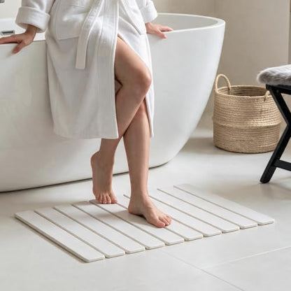 Foldable Stone Bath Mat 60x39cm | Quick-Dry Diatomaceous Earth Bath Rug with PVC Anti-Slip Base | Bathroom, Kitchen, Pet-Friendly Water Absorbent Mat - color: White
