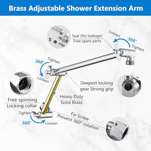 PDPBath Brass 16 Inch Shower Head Extension Arm, Upgrade Flexible Height & Angle Adjustable Shower Arm Extender with Lock Joints, for Fixed Shower Head & Handheld Shower Head, Chrome - color: Chrome, style: 6 Inch + 10 Inch