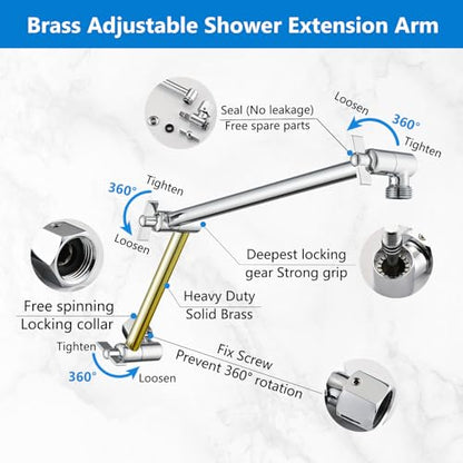 PDPBath Brass 16 Inch Shower Head Extension Arm, Upgrade Flexible Height & Angle Adjustable Shower Arm Extender with Lock Joints, for Fixed Shower Head & Handheld Shower Head, Chrome - color: Chrome, style: 6 Inch + 10 Inch