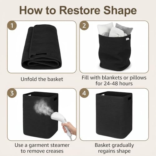 Large Laundry Hamper 16"x13"x22" - Tall Woven Laundry Basket, Cotton Rope Dirty Clothes Hamper, Baby Kids Nursery Wicker Laundry Basket, Bedroom Aesthetic, Soft Laundry Bin, Black Hamper, 75L - color: Black