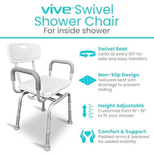 Vive Swivel Shower Chair for Inside Shower - Seat for Elderly, Disabled, Adults, Seniors - 360° Rotating, Narrow & Height Adjustable - Tub Bench Stool for Bathroom Mobility with Removable Back & Arms | Adults, Seniors - 360° Rotating, Narrow & Height Adju