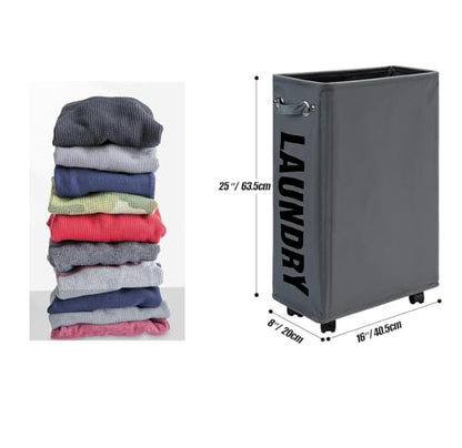 per with HandleSlim Laundry Basket on Wheels, Foldable Narrow Corner Clothes Storage Bins，Tall Laundry Bin for Laundry Room, Dorm and Bedroom，(Dark Grey)