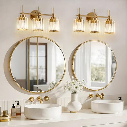 EJIAXIN Bathroom Lighting Fixtures, 3 Light Gold Bathroom Light Fixtures with Clear Shades Modern Crystal Vanity Light Bath Room Vanity Lighting Over Mirror Wall Light - color: Gold 3 Light, size: 3 Light