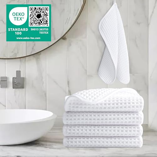 POLYTE 430 GSM Microfiber Lint Free Washcloth Face Towel, 13 x 13 in, 4 Pack (Waffle Weave) - color: White