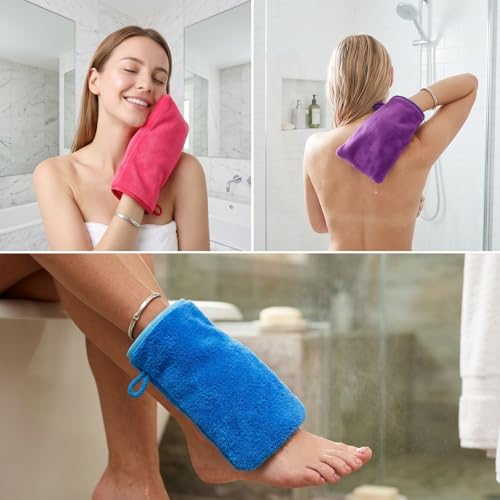 5 Pack Microfiber Washcloth, 6"x8" Fast Drying Bath Mitts Face Towels, Super Absorbent Soft Towel Body Facial Cloths Small Wash Mitt for Travel Showering Washing Face (Pink Purple Blue Blue Gray)