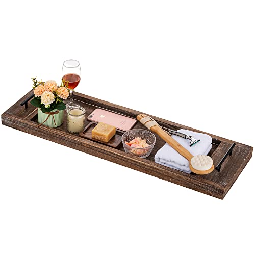 Hanobe Wood Bathtub Tray Bath Caddy with Handles, 31" | Distressed Rustic Finish, Rustic Long Board Shelf Over Tub for Bathroom Decor