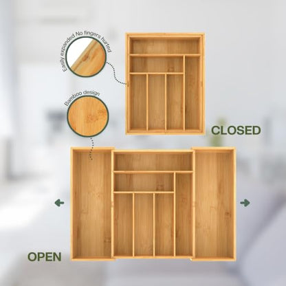 BAMEOS 3.9inch Tall Bamboo Drawer Organizer, Expandable Utensil Holder with 8 Compartments, Adjustable Kitchen Drawer Divider for Flatware, Silverware and Gadgets, Deep Storage for Home and Office - size: 3.9''H 22X16