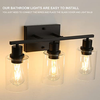 Bathroom Vanity Light Fixtures, 3-Light Matte Black Bathroom Lights, Wall Sconces with Clear Glass Shade for Hallway Farmhouse Bedroom Living Room - color: Black 3-Light