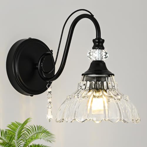 1 Piece Black Wall Sconce, 1-Light Black Farmhouse Wall Sconce with Hanging Crystal Accents and Flower-Shaped Clear Shades for Bathroom Bedroom Living Room,Vintage Vanity Light - color: Black, size: 1-Light