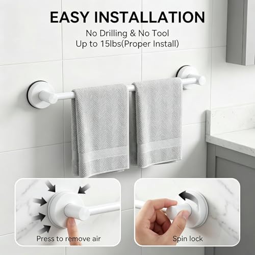 Towel Racks for Bathroom Suction Cup Towel Bar 14.6-24in Adjustable | No Drill Bathroom Towel Holder, Stainless Steel Construction, Heavy Duty Wall Mounted (white) - color: White