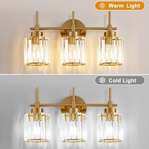 EJIAXIN Bathroom Lighting Fixtures, 3 Light Gold Bathroom Light Fixtures with Clear Shades Modern Crystal Vanity Light Bath Room Vanity Lighting Over Mirror Wall Light - color: Gold 3 Light, size: 3 Light