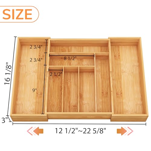 BAMEOS 3" Deepth Expandable Drawer Organizer, Deep Flatware Organizer, Adjustable Silverware Organizer, Bamboo Drawer Organizer for Kitchen, Bathroom (Natural) - size: 3''H 22X16