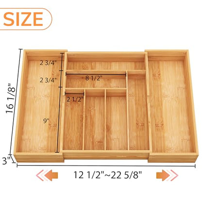 BAMEOS 3" Deepth Expandable Drawer Organizer, Deep Flatware Organizer, Adjustable Silverware Organizer, Bamboo Drawer Organizer for Kitchen, Bathroom (Natural) - size: 3''H 22X16
