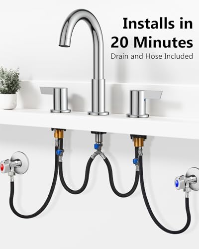 Polish Chrome Bathroom Faucet 3 Hole, 8 Inch Widespread 2-Handle | SUS304 Stainless Steel, 2-Handle Control, Pop-Up Drain, Supply Lines and Mounting Hardware for 8-Inch Widespread Vanity Sinks - color: Polish Chrome