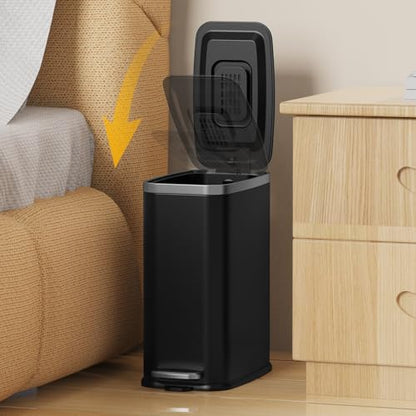 KdbK Stainless Steel Bathroom Trash Can with Lid Soft Close,1.6 Gallon Slim Garbage can,Small Metal Step Wastebasket for Office, Bedroom, Toilet, Black - color: Black