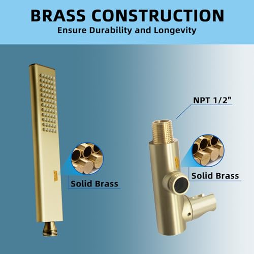 Solid Brass Handheld Shower Head Arc Design High Pressure Brushed Gold Hand Shower Wand with Adjustable Supply Elbow Wall Connector Shower Holder and 59″ Stainless Steel Hose Set - color: Brushed Gold