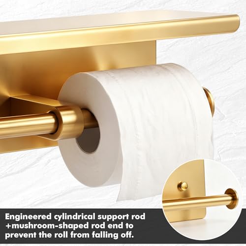 Double Toilet Paper Holder with Shelf, Wall Mount Tissue Roll Holder for Bathroom, 304 Stainless Steel Commercial Toilet Tissue Dispensers with Phone Shelf (Gold) - color: Gold