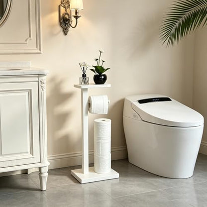 Bamboo Freestanding Bathroom Toilet Paper Holder Stand with Phone Shelf and Storage, Holds 3 Extra Mega Rolls(White) - color: White