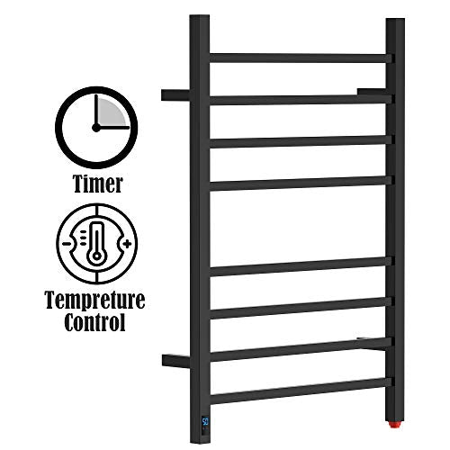 HEATGENE 8-Bar Square Towel Warmer, Heated Towel Rack, Timer, Matte Black | 8 Square Bars With Timer And Temperature Control, 304 Stainless Steel Construction, Plug-In Or Hardwired Installation - color: Matte Black